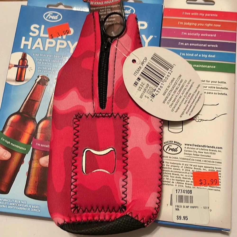 18 Drink slap bracelet tags. zip koozie.